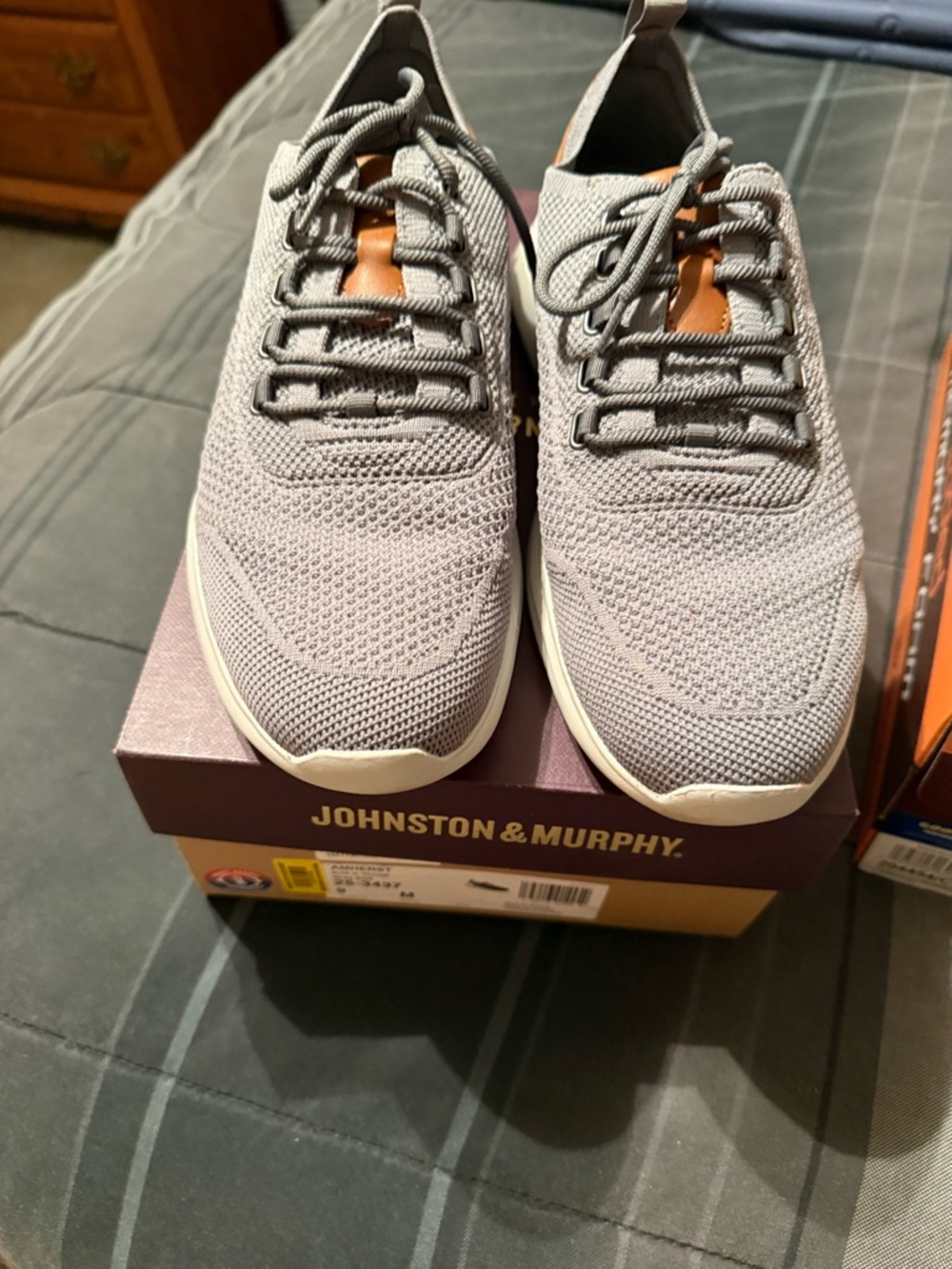Johnston & Murphy Men's Light Gray Knit Lace-Up Sneakers with Tan Tongue Accent